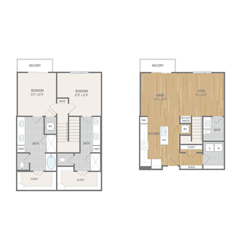 Floor plan for 2 beds, 2 baths, 1685 sqft